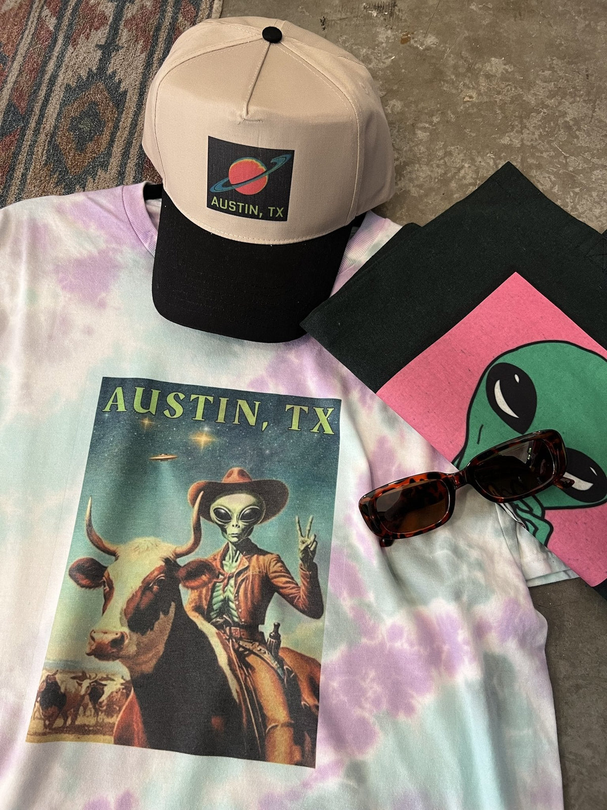 Austin, TX alien cowboy tie-dye tee, planet cap and sunglasses, Aliens of Brooklyn East Austin