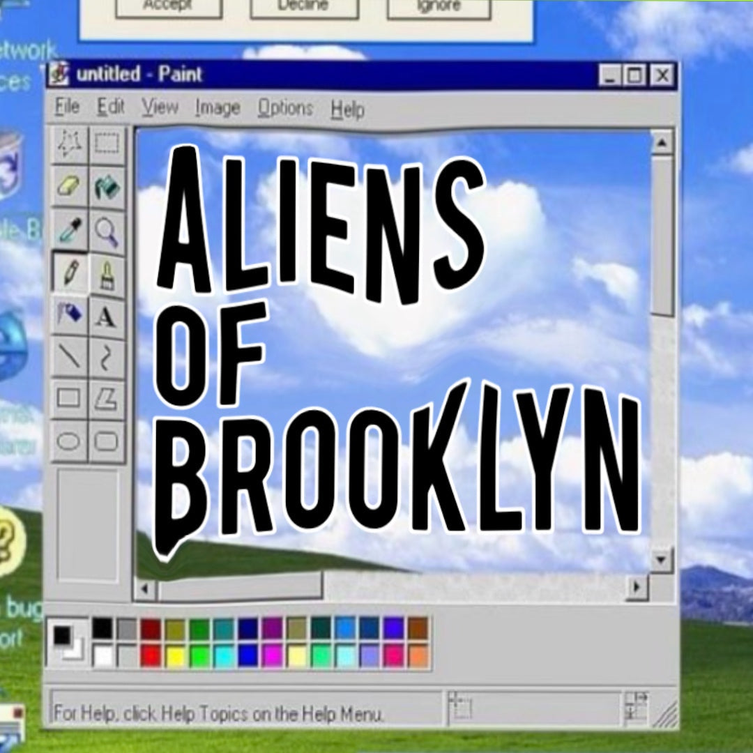 Aliens of Brooklyn wordmark in a retro Paint window over a blue-sky desktop
