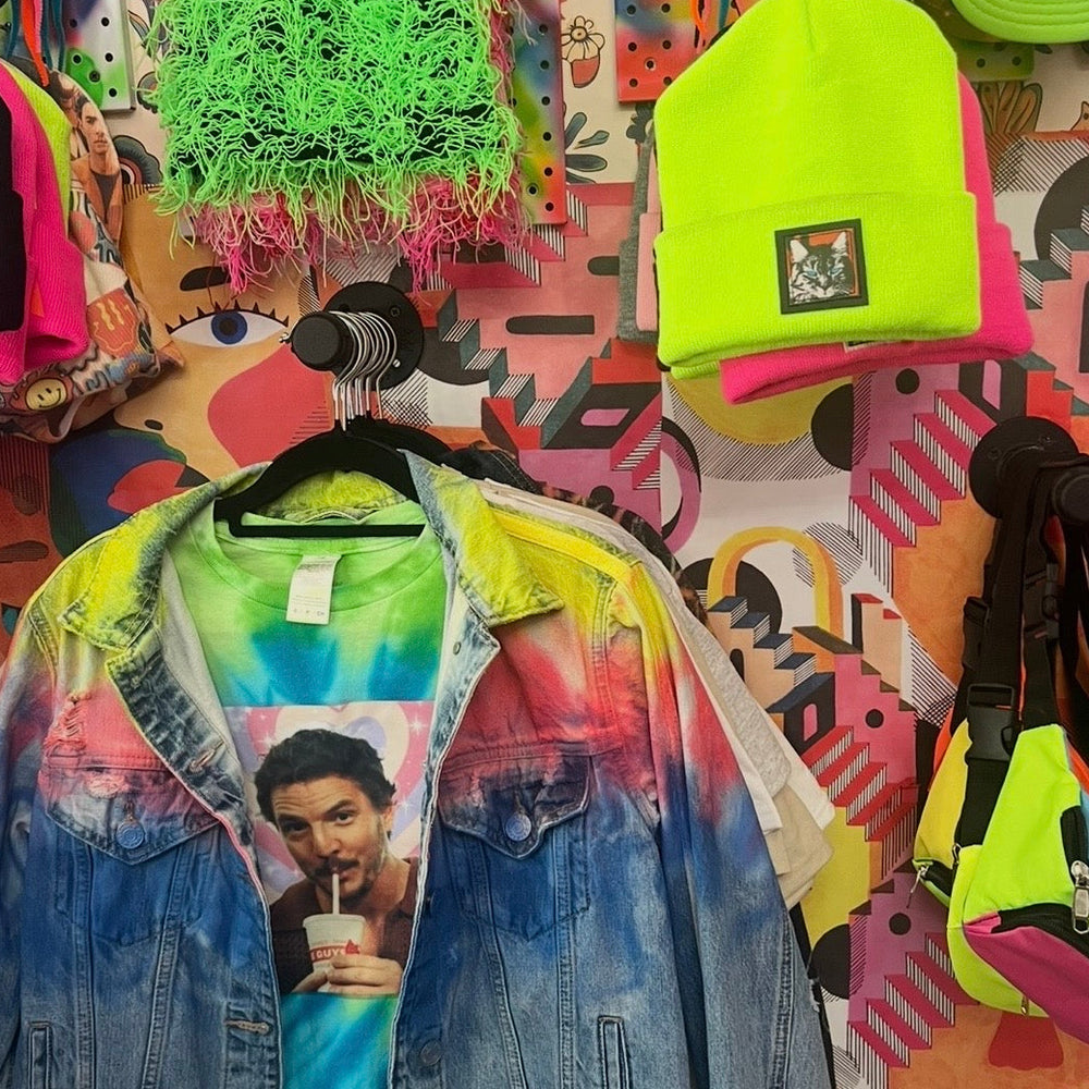 Tie-dye printed tee on the rack at Aliens of Brooklyn